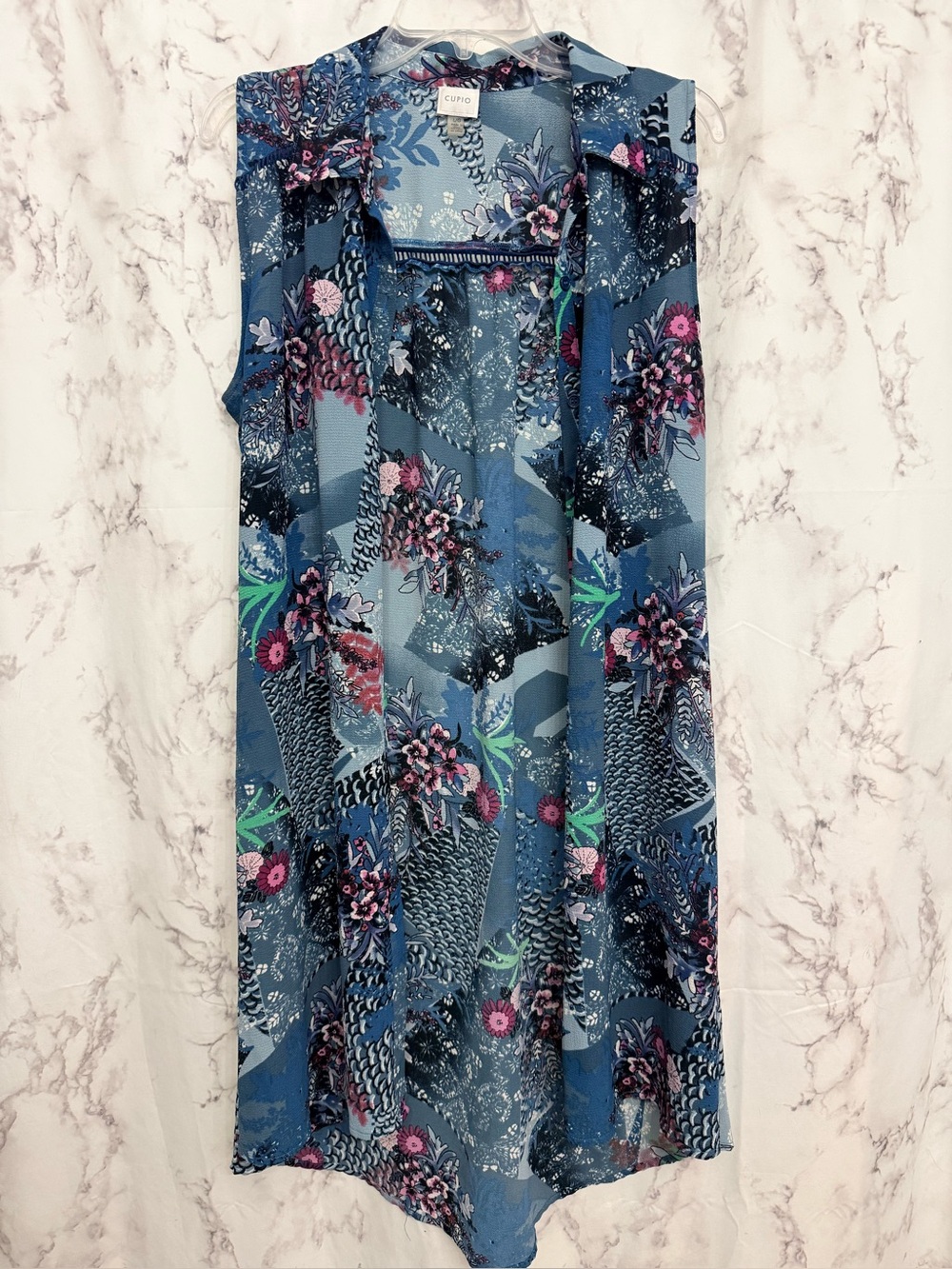 Cupio Blue Floral Sheer Sleeveless Duster Vest